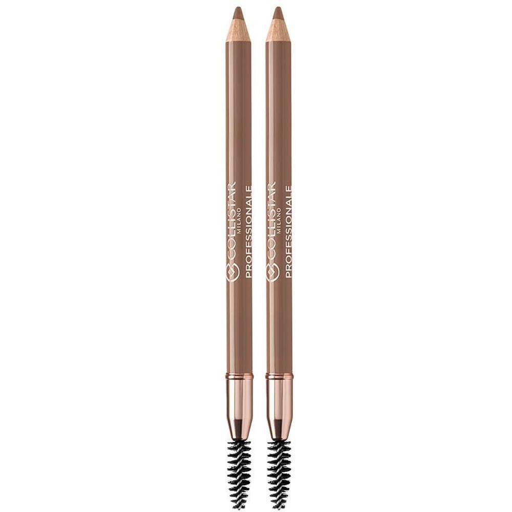 Deux crayons à sourcils marron avec embout brosse. Le corps est marqué 'Collistar Professionale'.