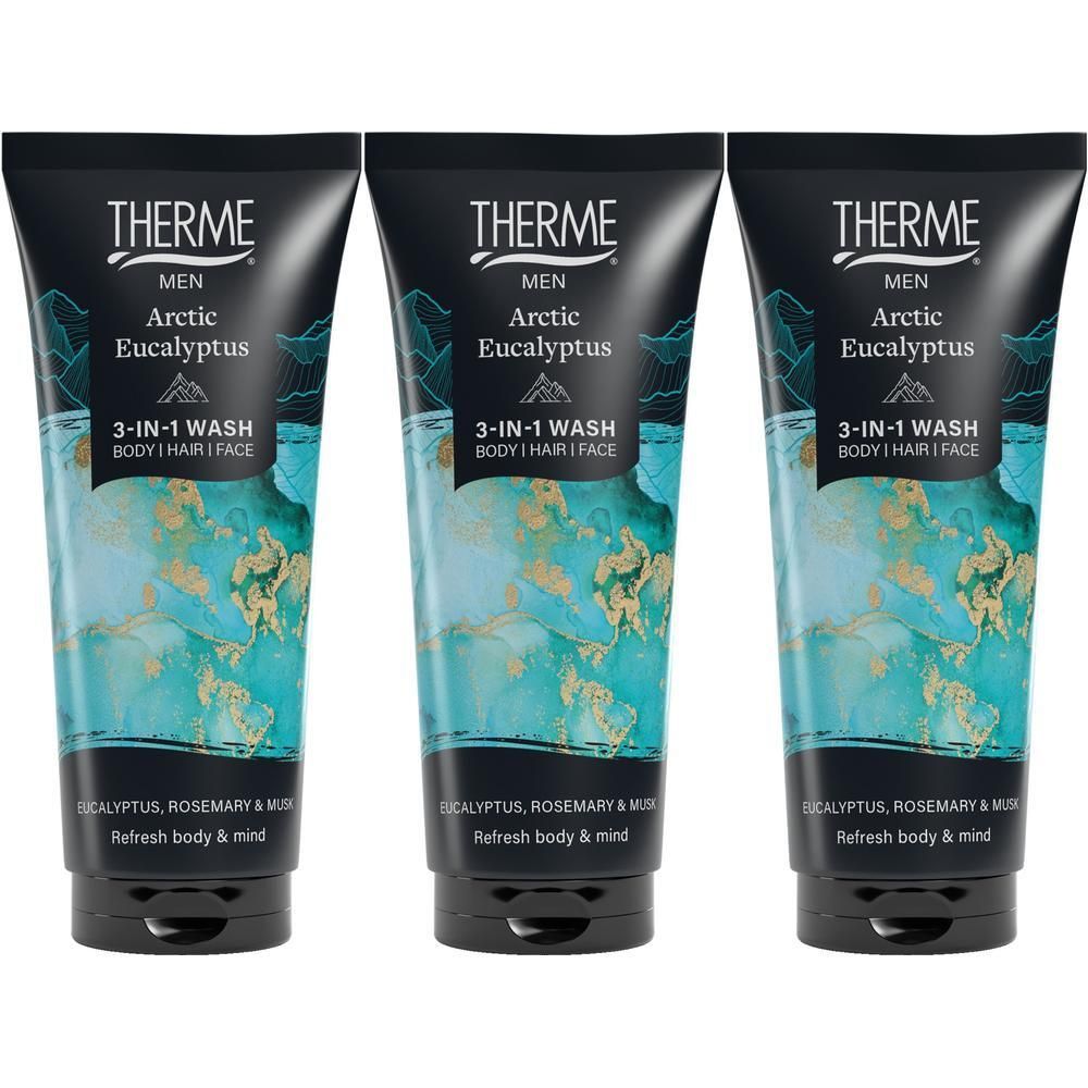 Trois tubes de Therme Arctic Eucalyptus 3-en-1 Wash pour hommes. Rafraîchit le corps et l'esprit.
