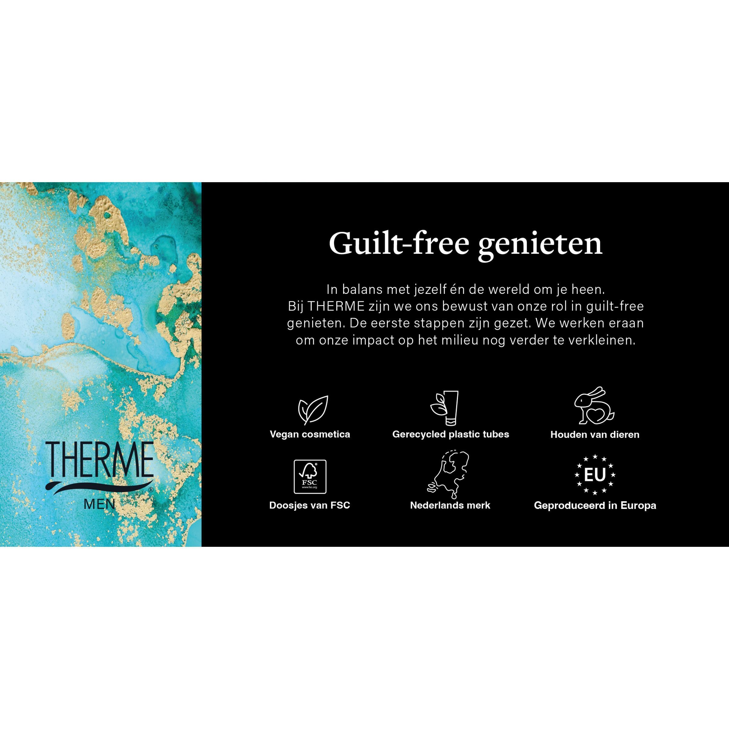Therme: Cosmétiques vegan, tubes recyclés, sans cruauté, certifié FSC, marque néerlandaise, fabriqué en Europe.