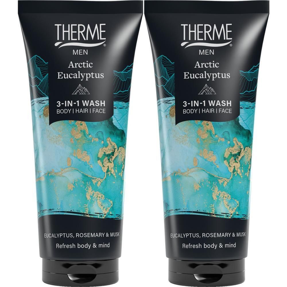 Twee tubes Therme Arctic Eucalyptus 3-in-1 Wash voor heren. Zwarte tubes met turquoise design.