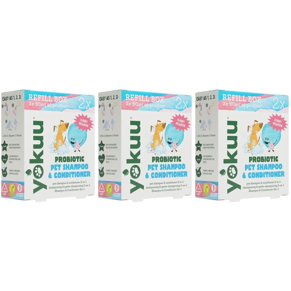Trois boîtes de recharge Yokuu pour shampooing et après-shampooing probiotiques pour animaux.