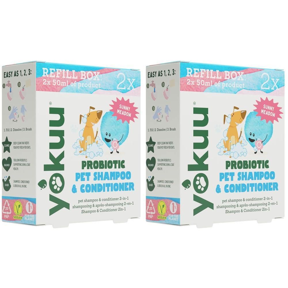 Deux boîtes de recharge Yokuu pour shampooing et après-shampooing probiotiques pour animaux, 50ml chacune.