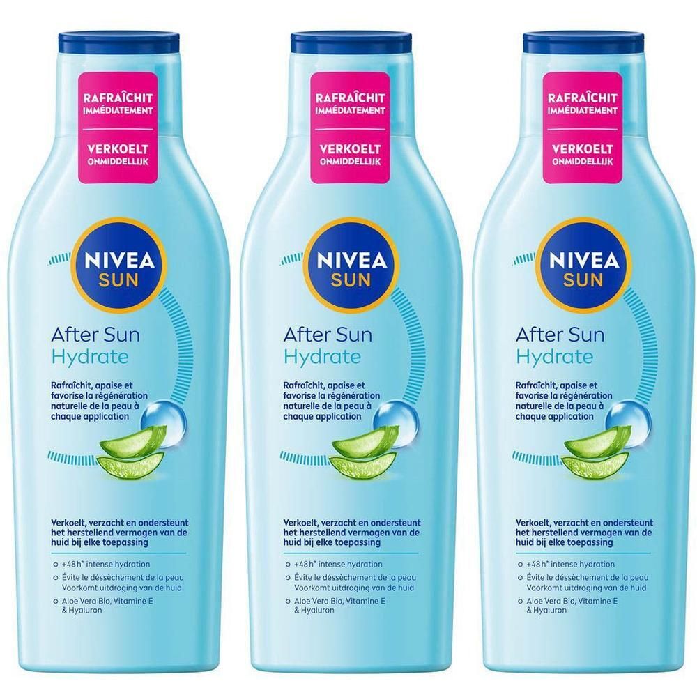Trois flacons de NIVEA SUN After Sun Hydrate côte à côte.