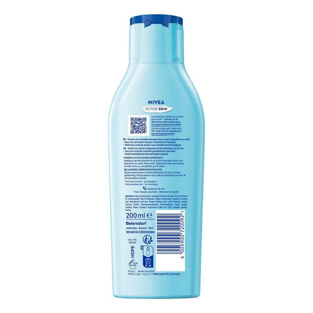 Arrière d'un flacon NIVEA SUN After Sun Hydrate avec informations produit.