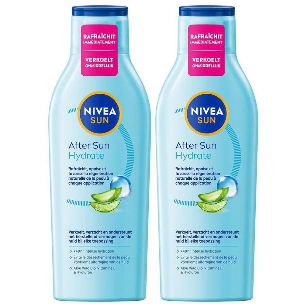 Deux flacons NIVEA SUN After Sun Hydrate avec Aloe Vera Bio, Vitamine E & Hyaluron.
