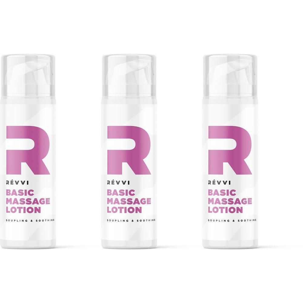 Trois flacons blancs avec pompe, chacun arborant un grand 'R' violet et l'inscription 'RÉVVI BASIC MASSAGE LOTION'.
