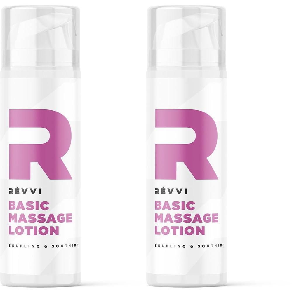 Twee witte pompflesjes met paars en roze 'R'-logo en opschrift 'RÉVVI BASIC MASSAGE LOTION'.
