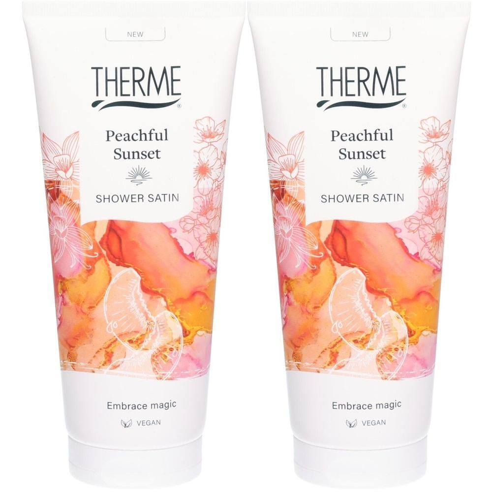 Twee tubes douchegel 'Therme Peachful Sunset Shower Satin'.