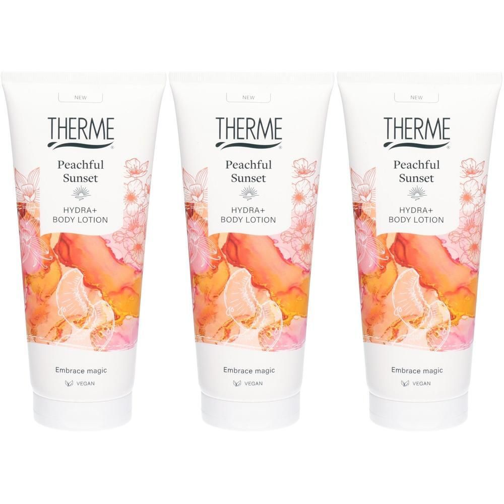 Trois tubes de lotion pour le corps Therme Peachful Sunset Hydra+ avec motif floral et design abstrait.