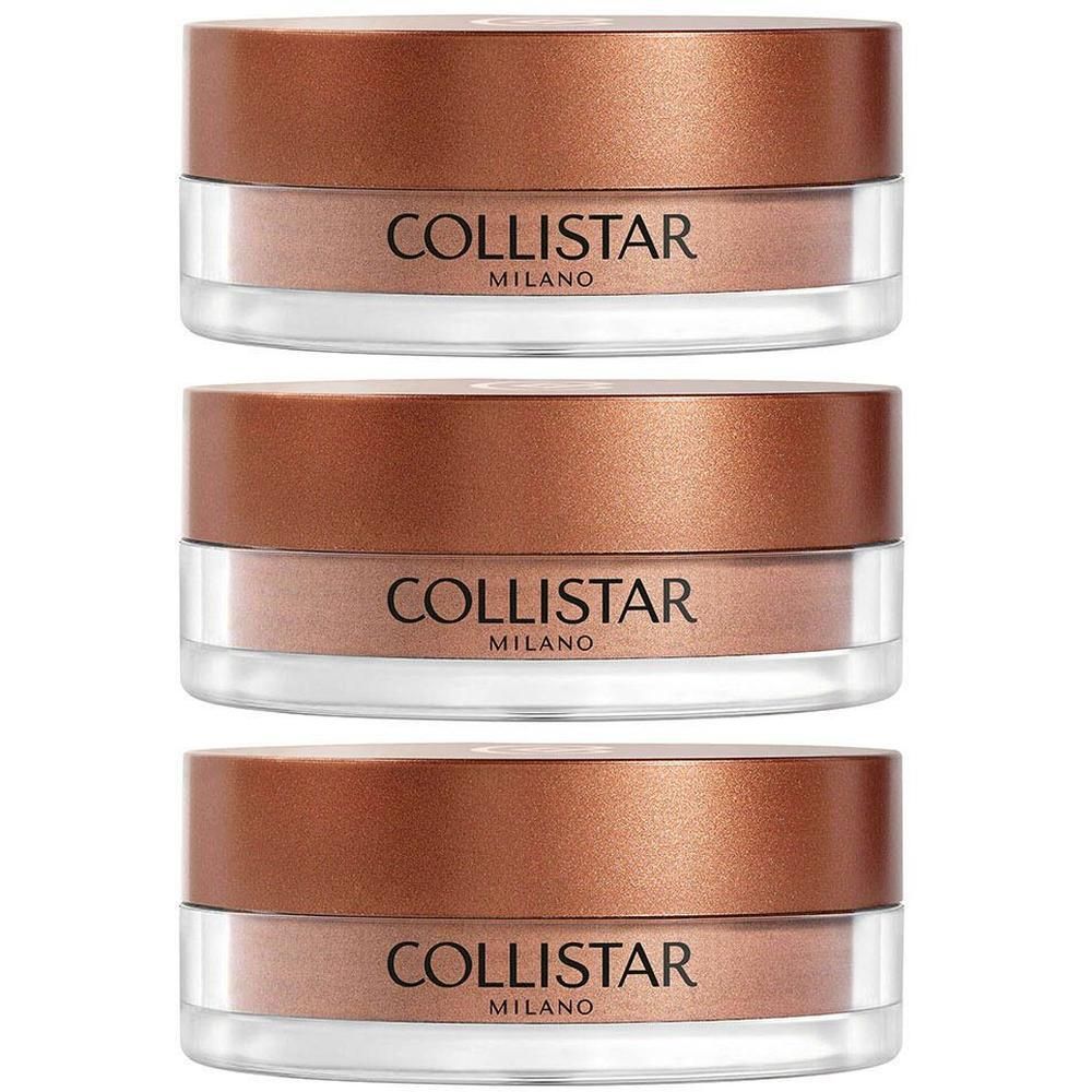 Drie gesloten potjes met bronzing poeder met gouden textuur en koperkleurige deksels.