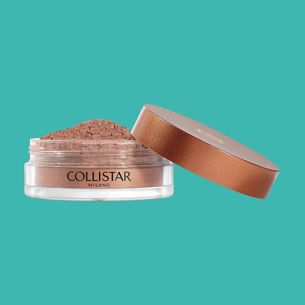 Un pot de poudre bronzante Collistar ouvert, avec couvercle scintillant et poudre libre.