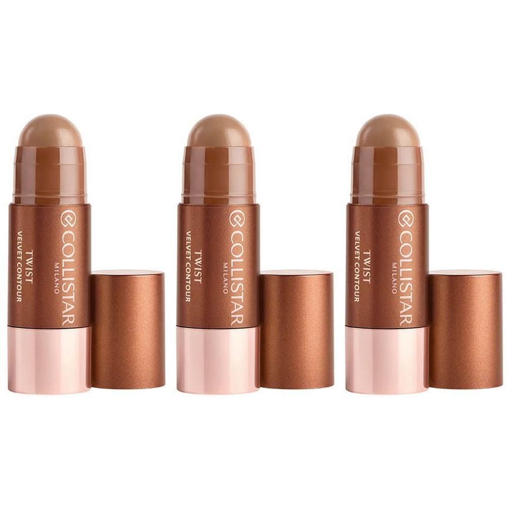 Trois sticks Collistar Twist Velvet Bronzer, capuchons ouverts, côte à côte.