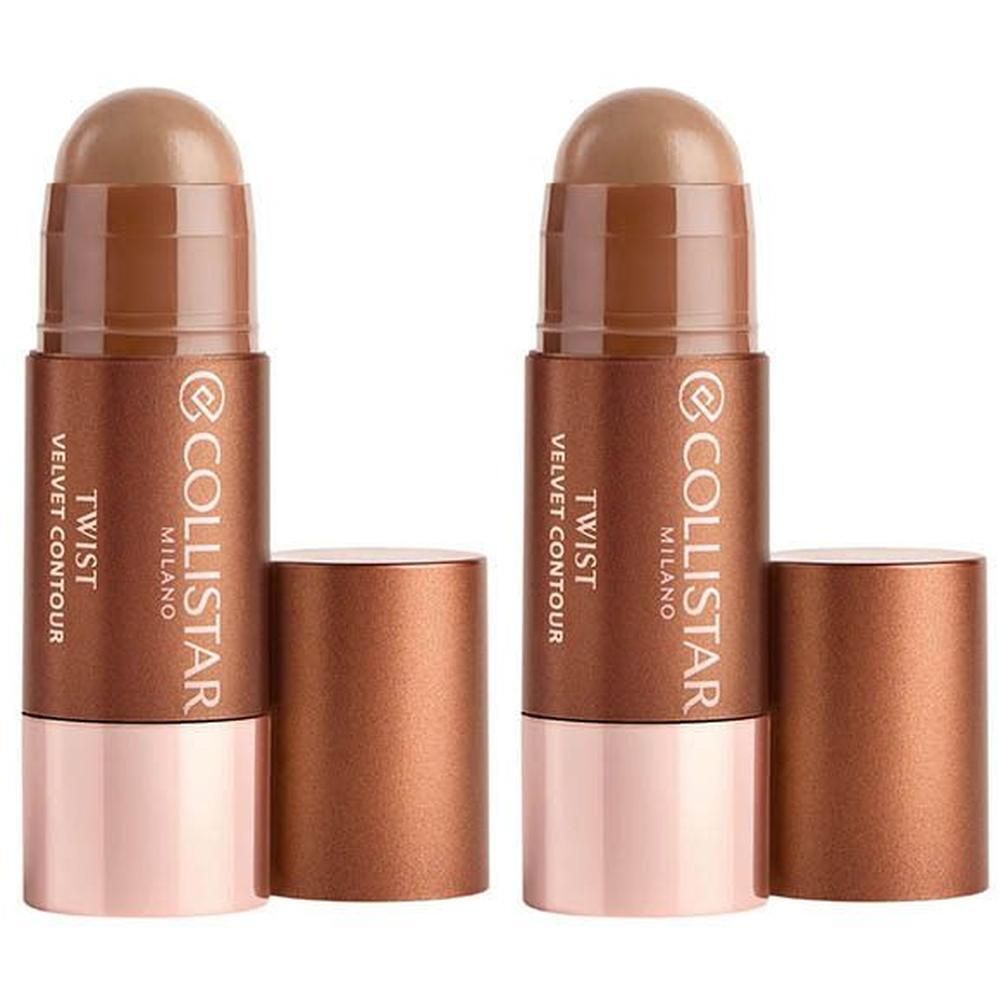 Deux sticks Collistar Twist Velvet Bronzer marron, avec leurs capuchons ouverts à côté.