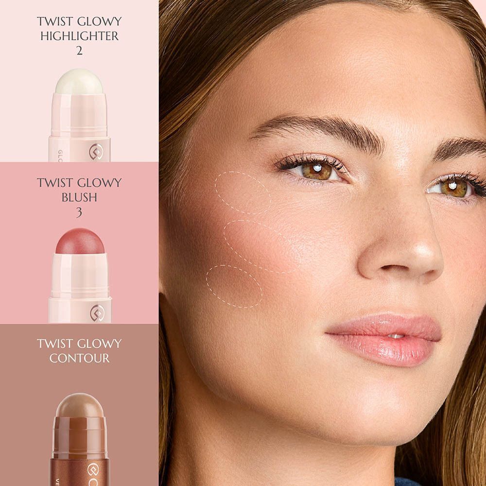 Een vrouw met aangebrachte make-up en drie Collistar Twist Glowy producten.