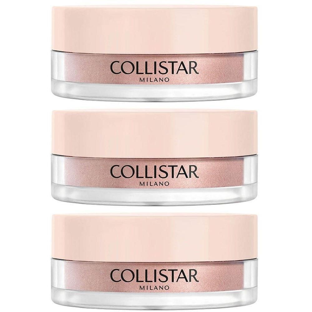 Trois pots de Collistar Poudre Libre avec couvercle rose, verre transparent et poudre rose.