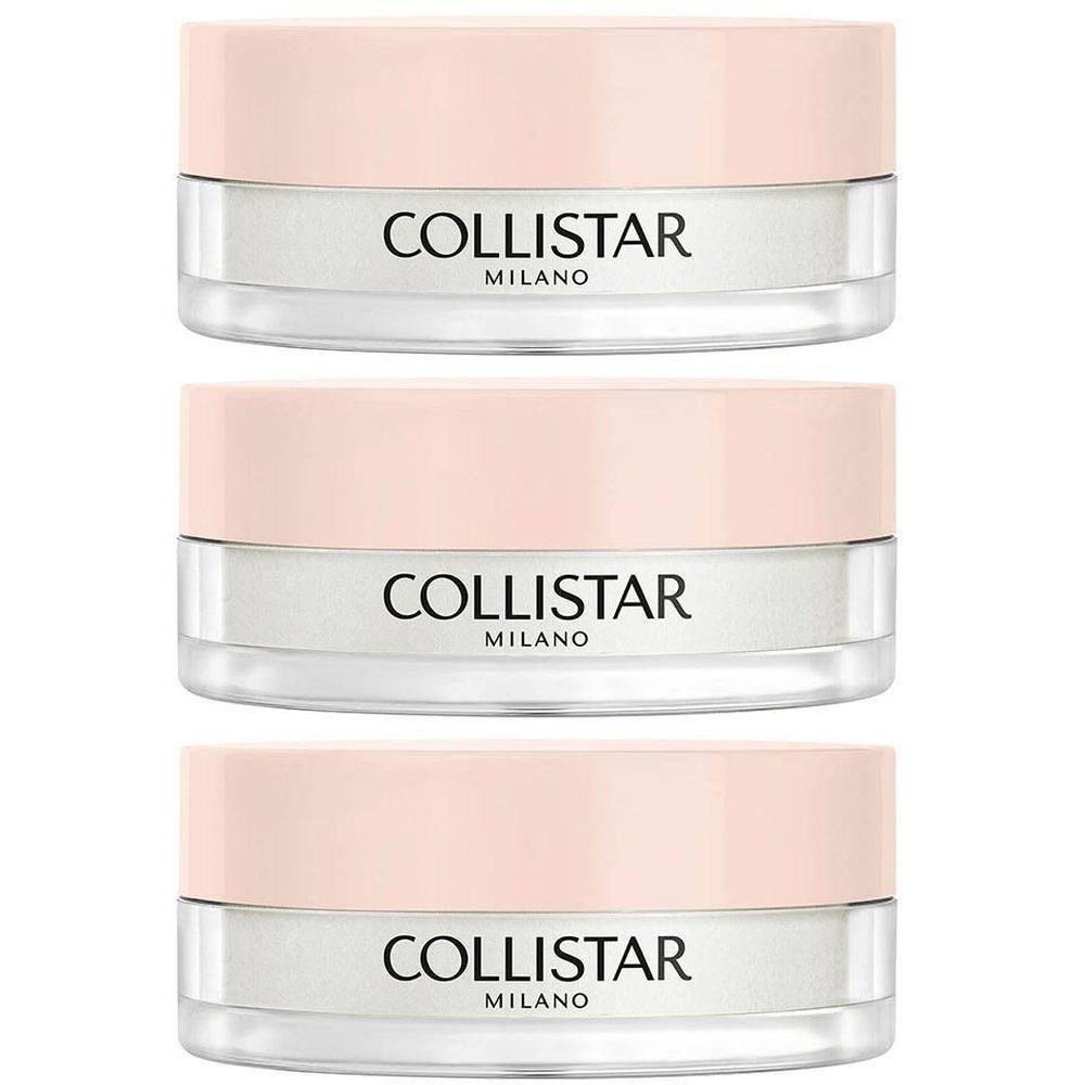 Drie potjes Collistar Poudre Libre met roze deksel, doorzichtig glas en zwart logo.