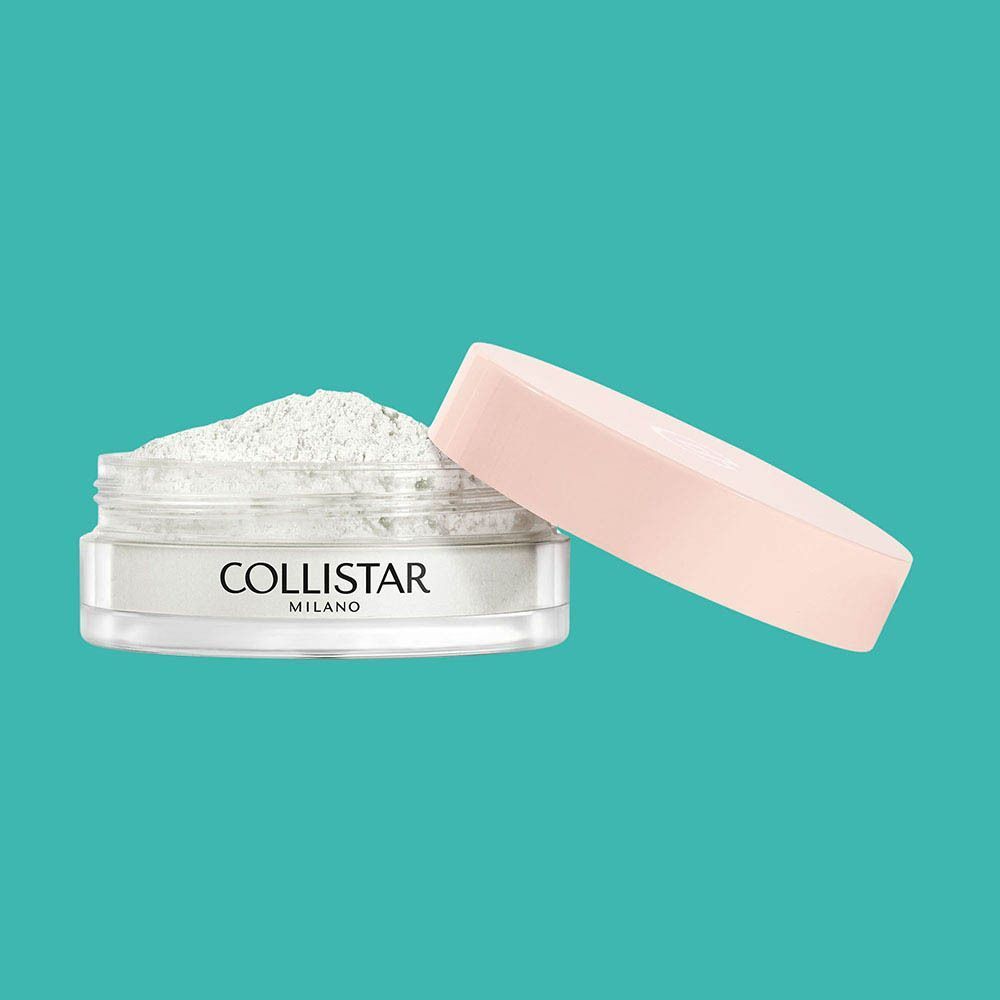 Un pot ouvert de Poudre Libre Collistar avec son couvercle rose à côté.