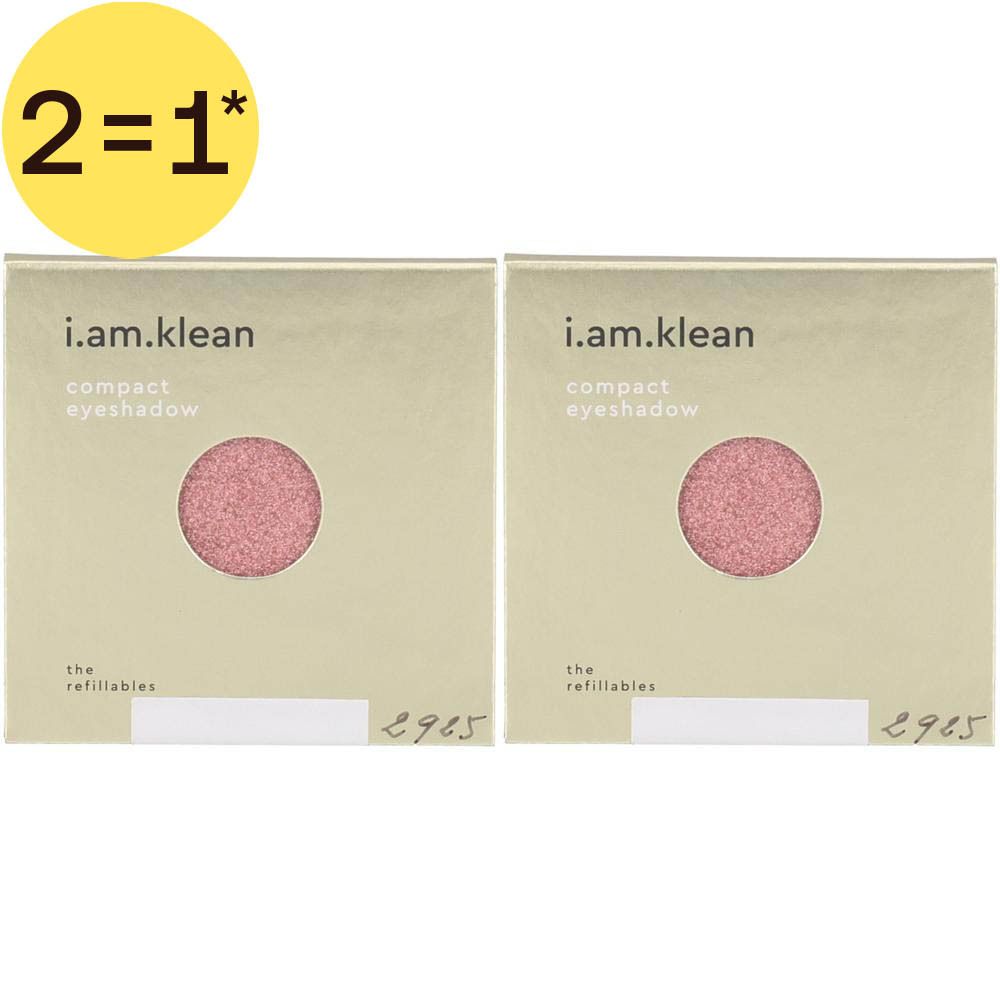 Twee i.am.klean compacte oogschaduw refills in roze. Tekst: 'i.am.klean compact eyeshadow the refillables'.