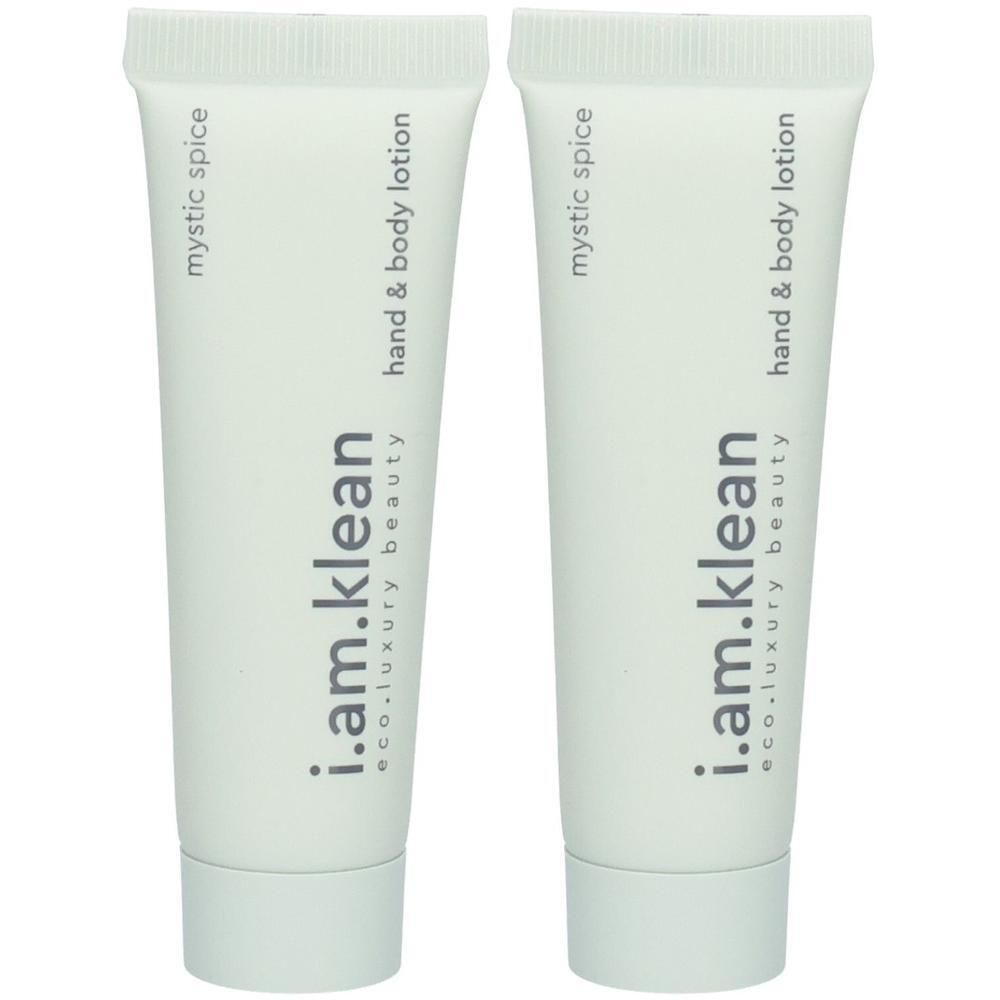 Deux tubes de lotion pour les mains et le corps i.am.klean, parfum Mystic Spice.