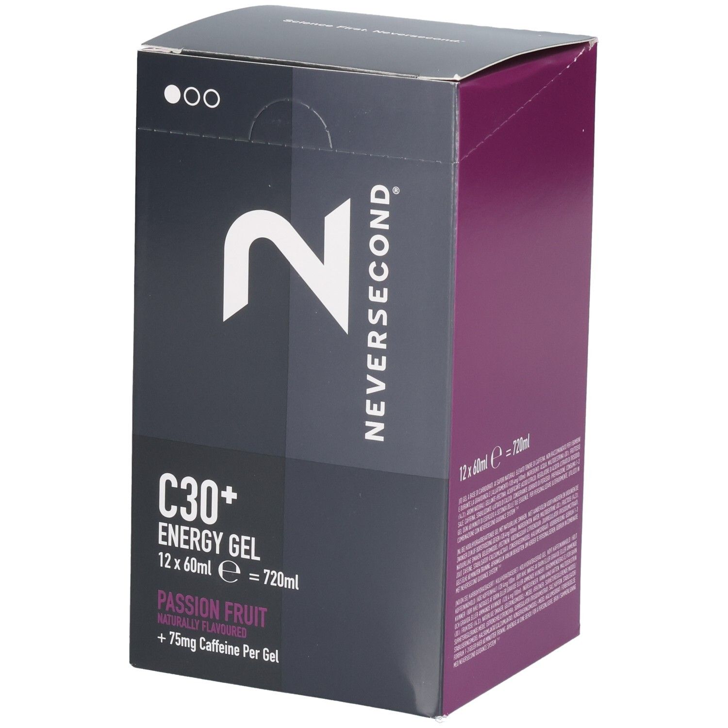 Verpakking voor Neversecond C30+ Energy Gel, Passievrucht, 12x60ml.