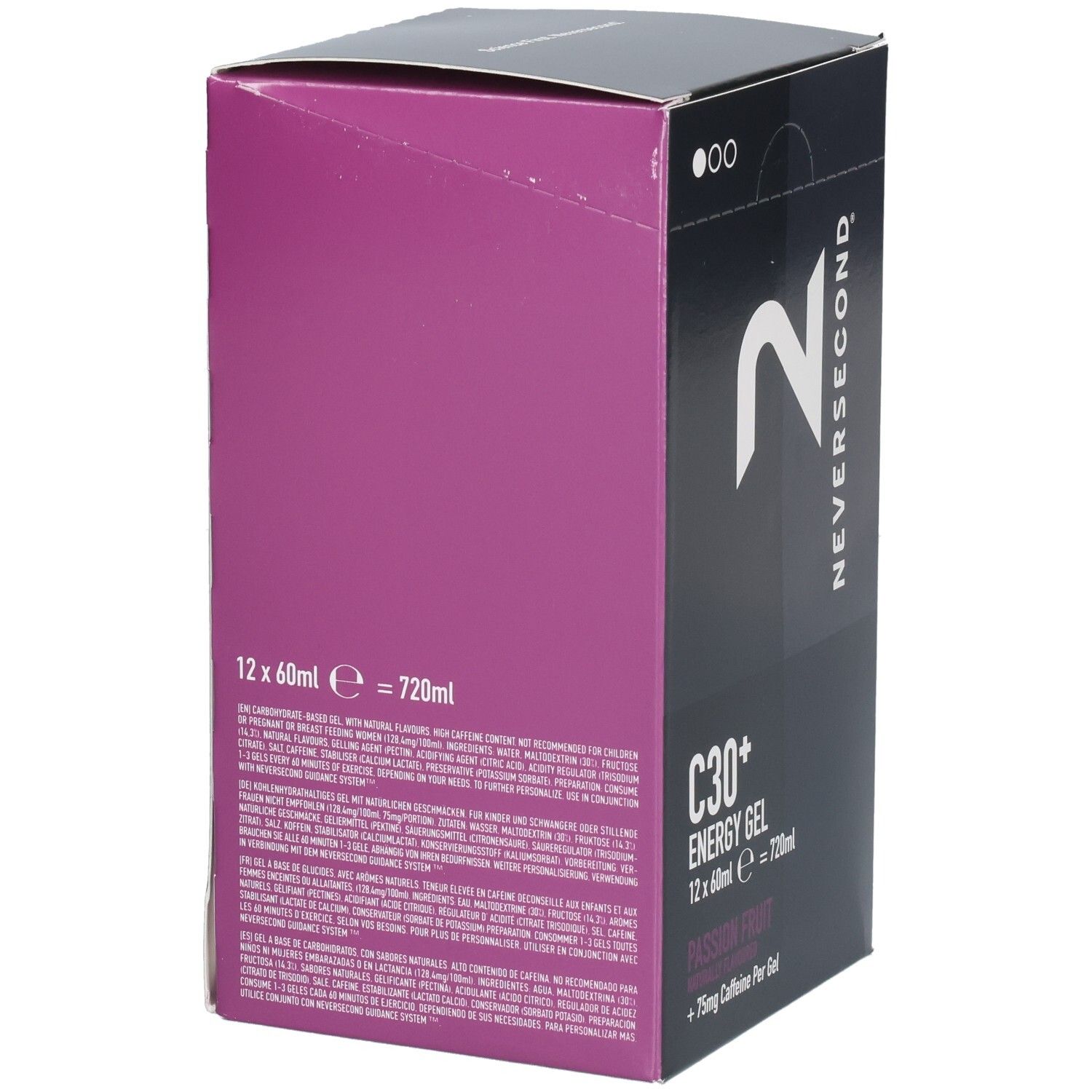 Zijkant van de verpakking voor Neversecond C30+ Energy Gel, Passievrucht, 12x60ml.