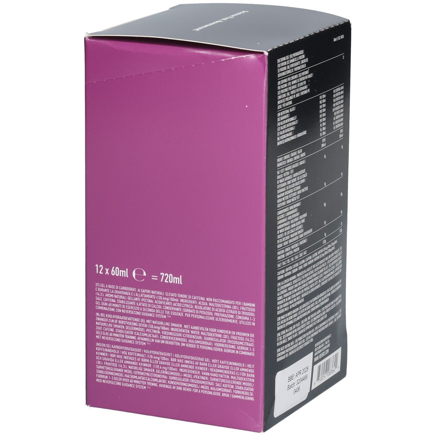 Zijkant van de verpakking voor Neversecond C30+ Energy Gel, Passievrucht, 12x60ml.