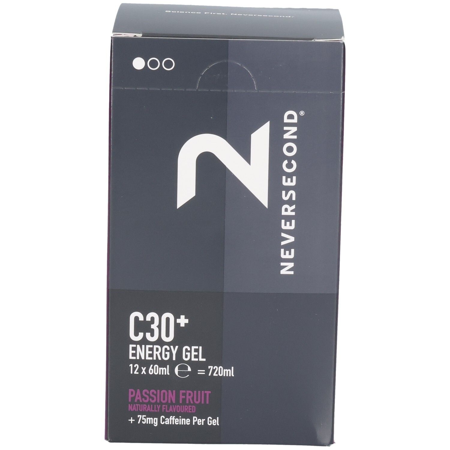 Voorkant van de verpakking voor Neversecond C30+ Energy Gel, Passievrucht, 12x60ml.