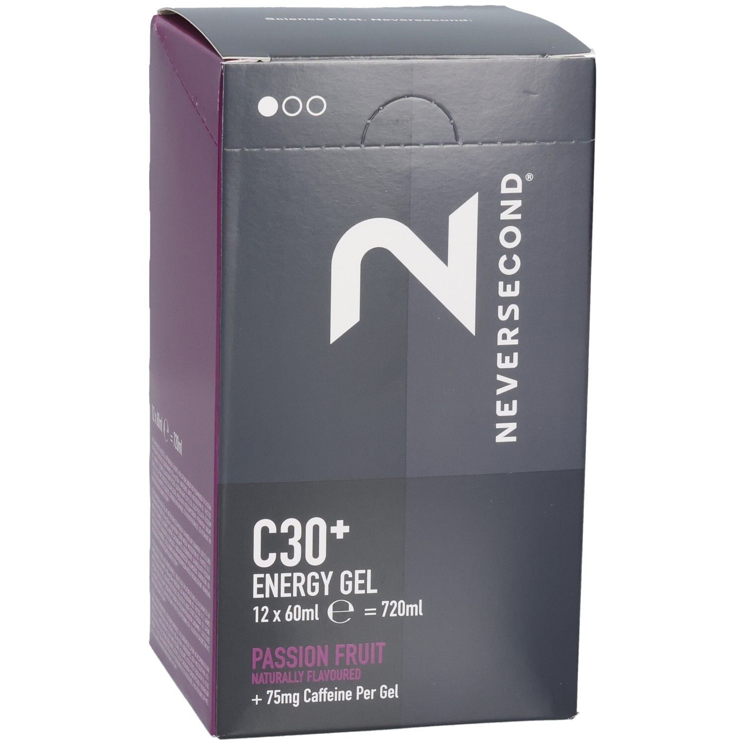 Voorkant van de verpakking voor Neversecond C30+ Energy Gel, Passievrucht, 12x60ml.