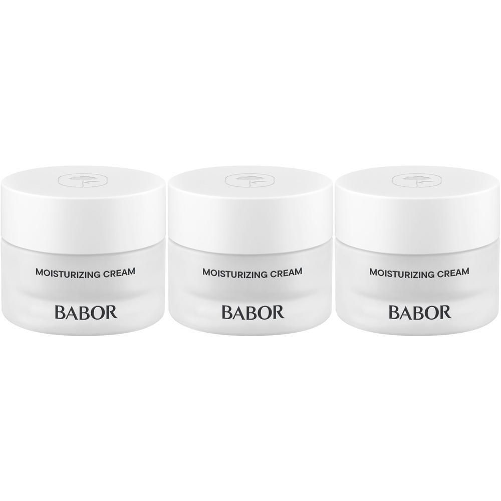 Trois pots de crème hydratante Babor côte à côte.