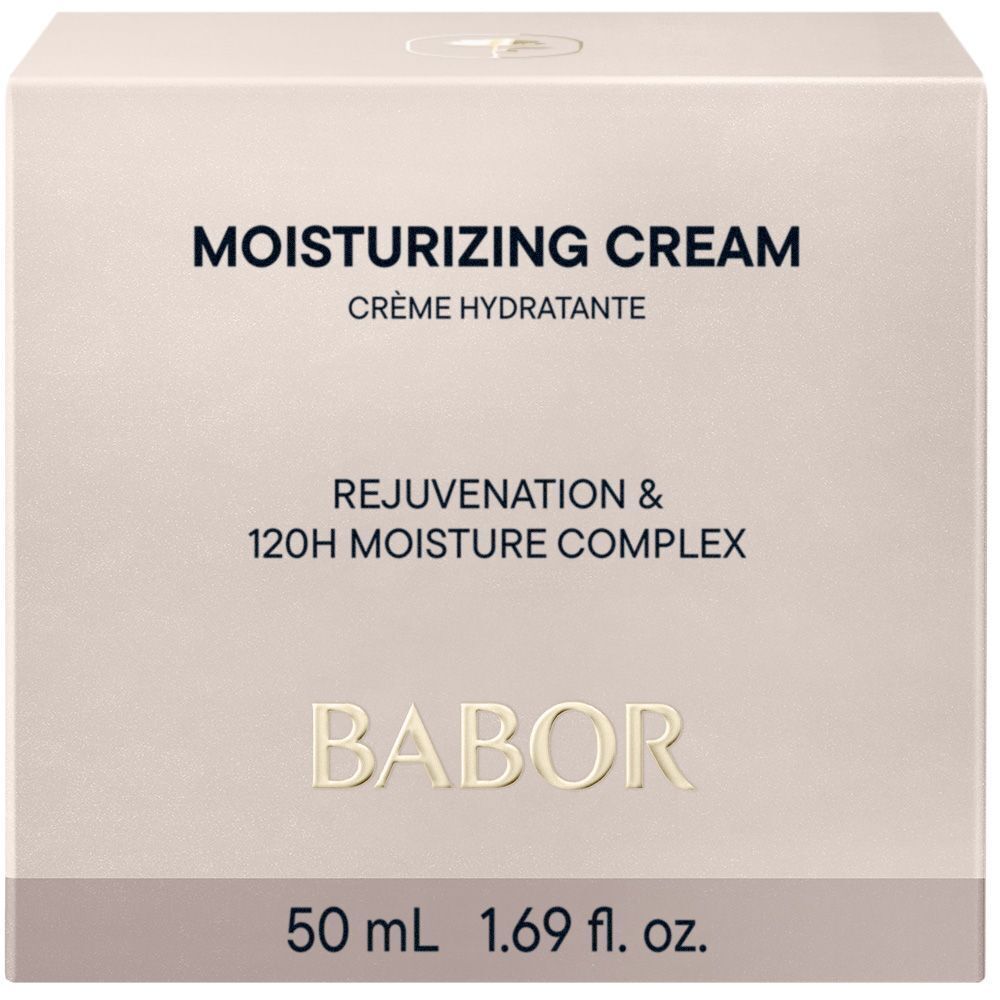 Boîte de crème hydratante Babor avec texte 'Rejuvenation & 120H Moisture Complex'.