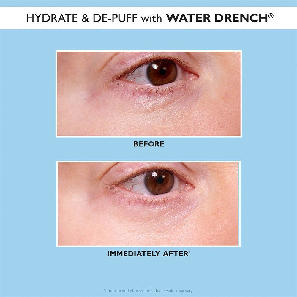 Comparaison avant-après d'un œil traité avec les patchs hydratants pour les yeux Peter Thomas Roth Water Drench.