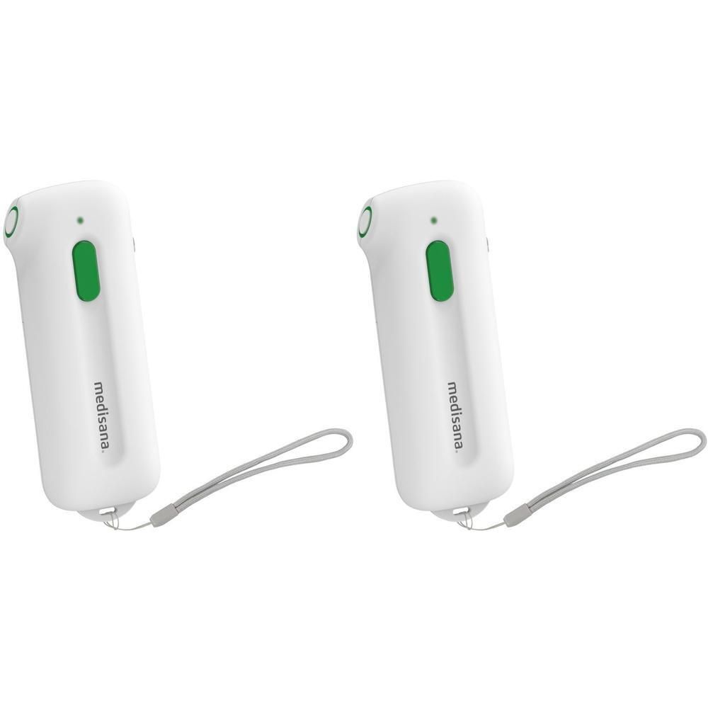Twee witte insectenbeetbehandelaars met groene knop en polsband.