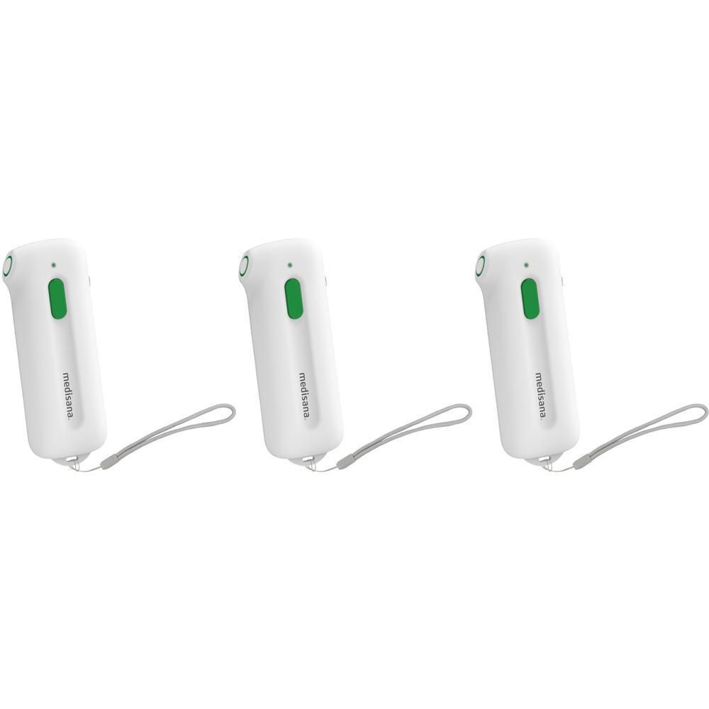 Drie witte insectenbeetbehandelaars met groene knop en polsband.