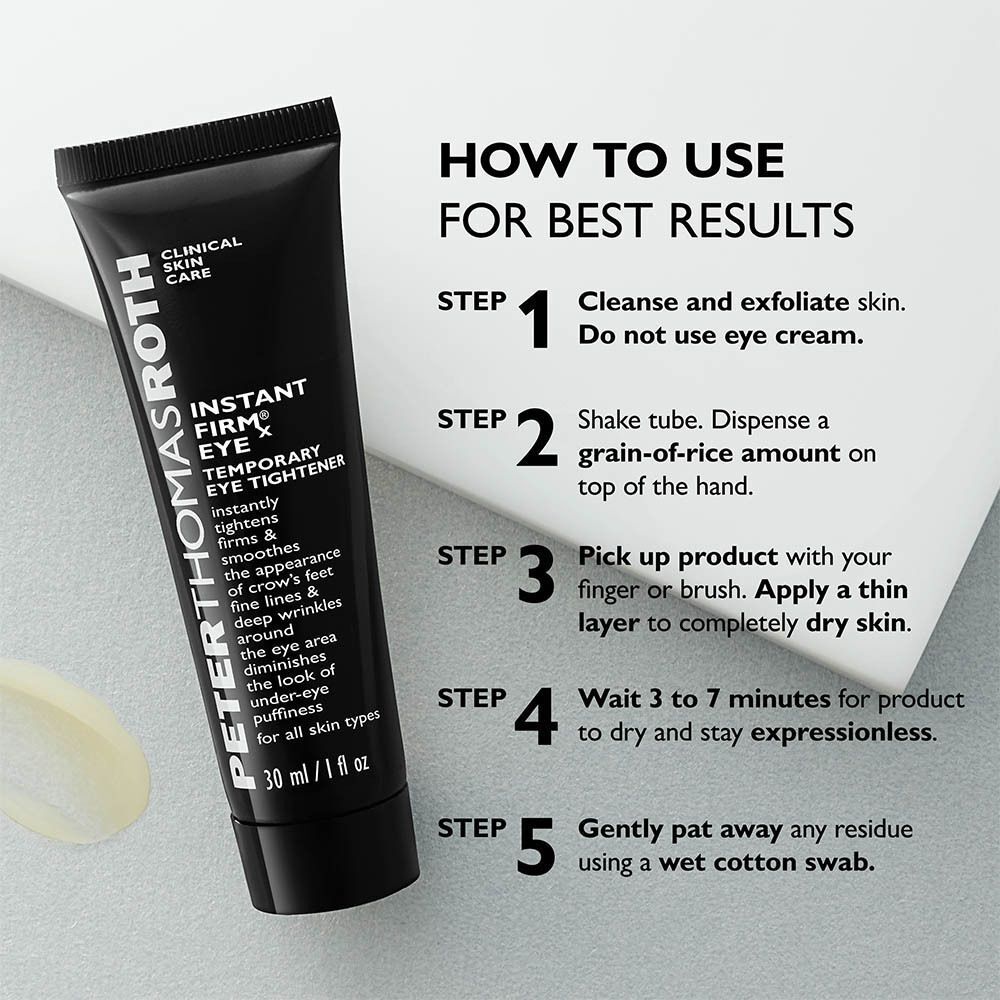 Instructions d'utilisation de Peter Thomas Roth Instant FirmX Eye avec un tube et des étapes.
