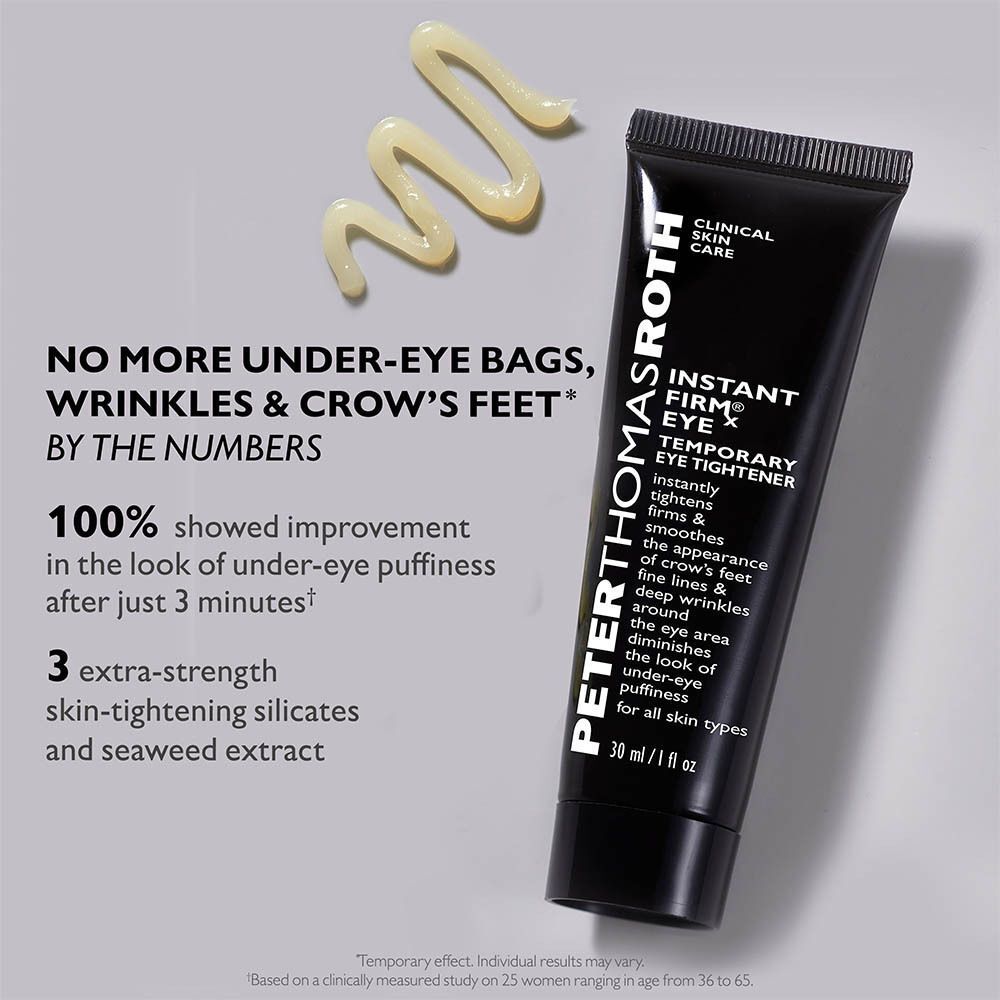 Tube Peter Thomas Roth Instant FirmX Eye met productmonster en tekst over resultaten.