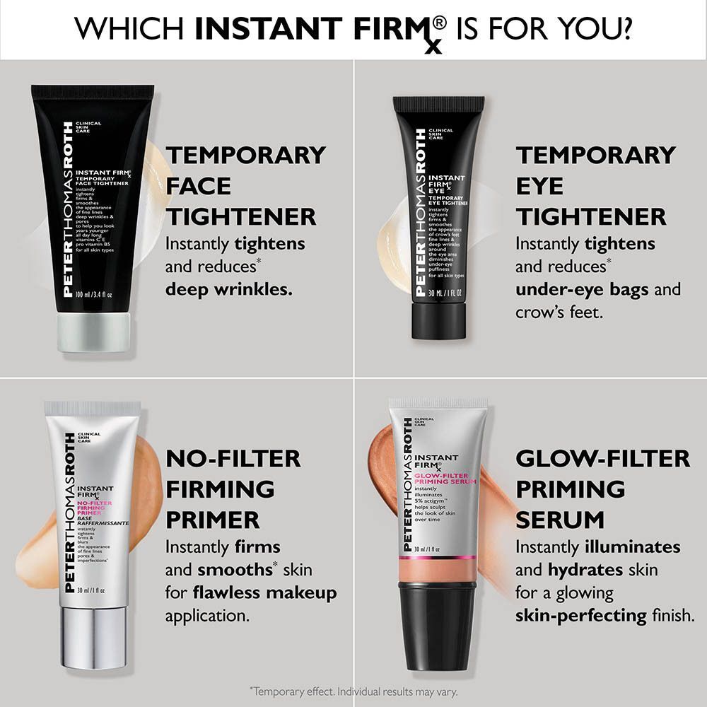 Vergelijking van vier Peter Thomas Roth Instant FirmX producten: Gezicht, Oog, Primer, Serum.