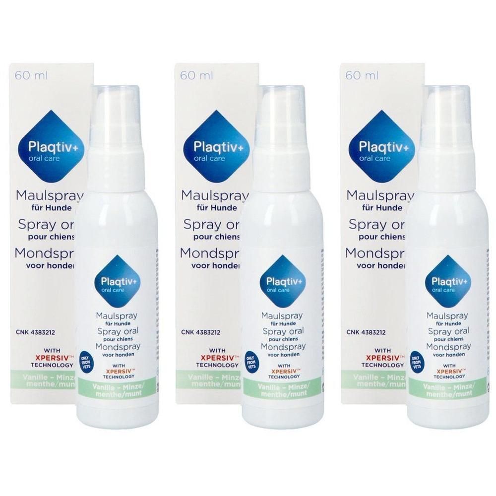 Trois flacons de spray buccal Plaqtiv+ pour chiens, saveur vanille-menthe.