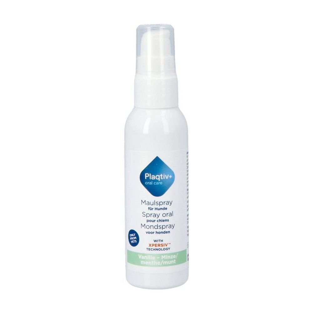 Un flacon de spray buccal Plaqtiv+ pour chiens, saveur vanille-menthe.