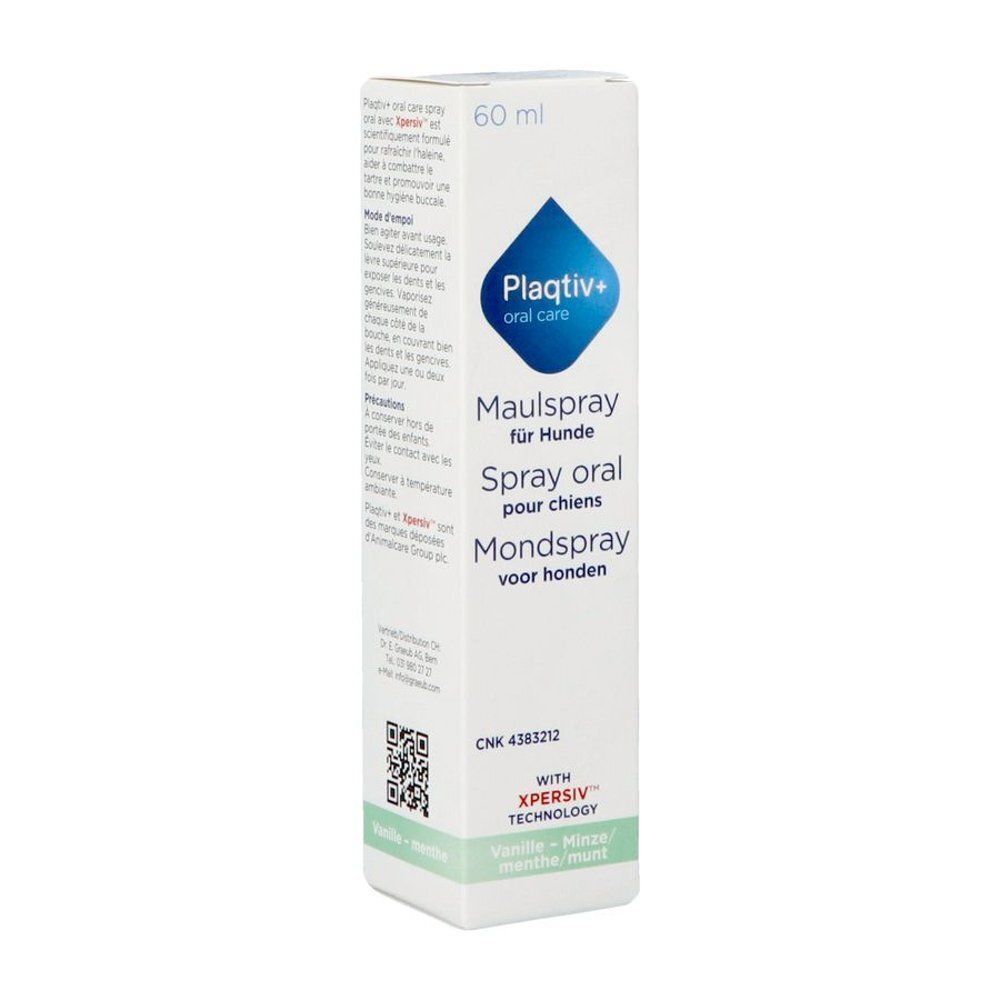 Een verpakking Plaqtiv+ mondspray voor honden, vanille-munt smaak.