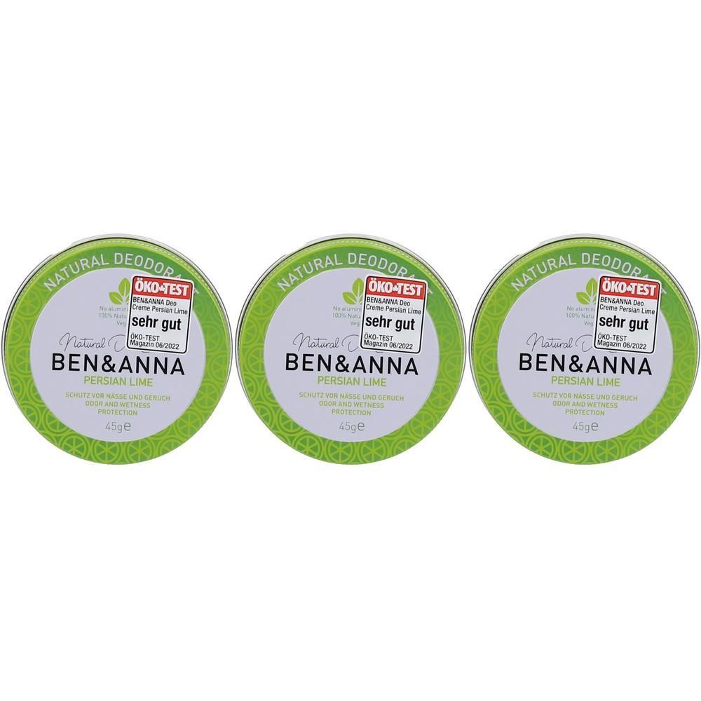 Trois boîtes de crème déodorante naturelle Ben & Anna Persian Lime, 45g chacune.