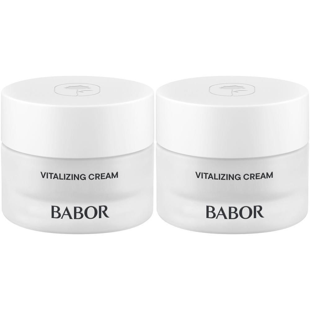 Deux pots de Babor Vitalizing Cream côte à côte. Couvercles blancs avec logo, contenants translucides.