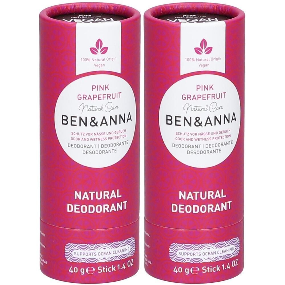 Deux tubes roses de déodorant naturel "Pamplemousse Rose" par Ben & Anna. Stick 40g.