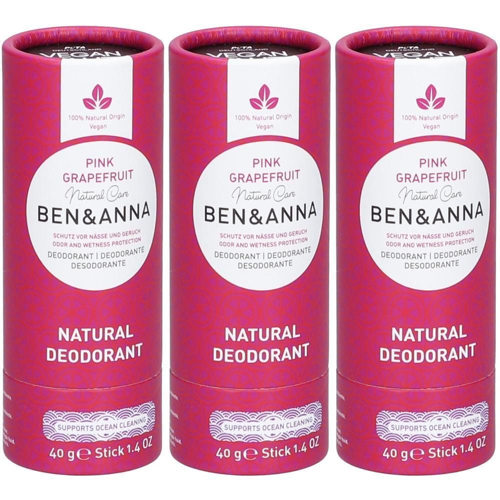 Drie roze kartonnen kokers met natuurlijk deodorant, Pamplemousse Rose, 40g.