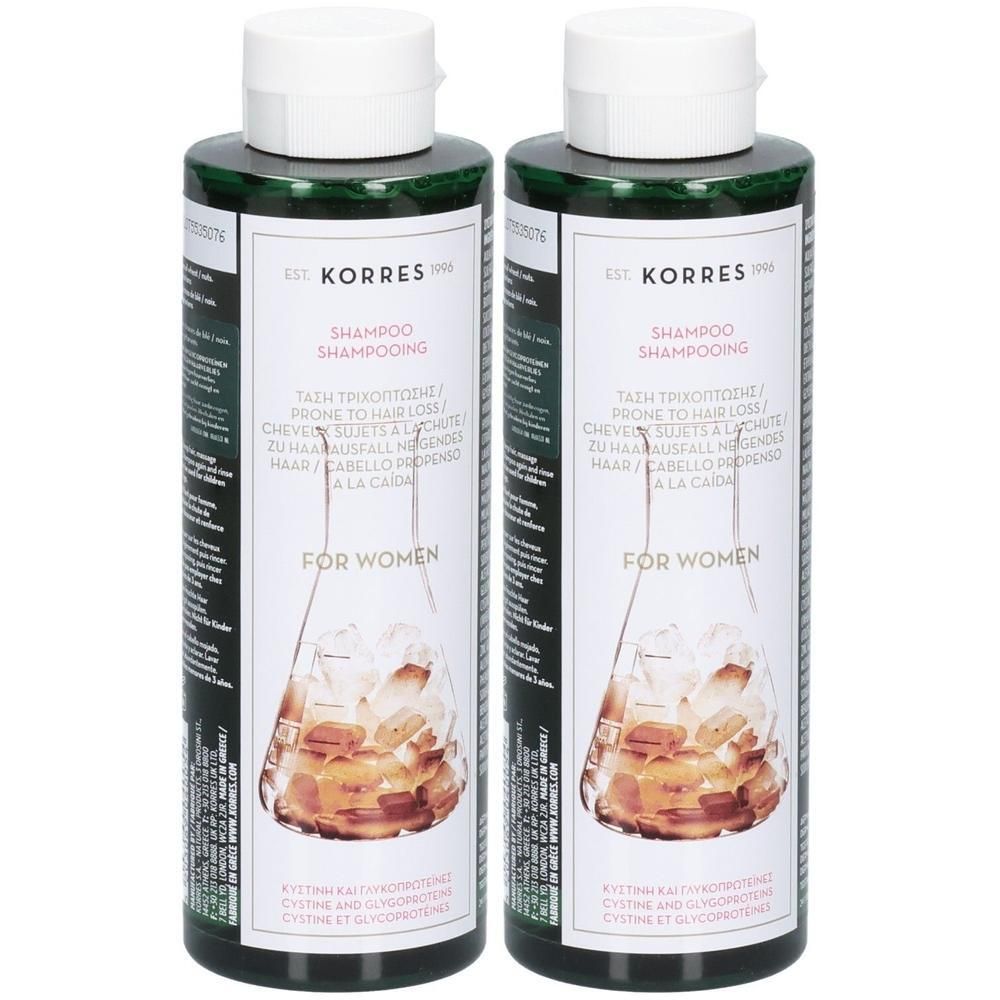 Deux bouteilles de shampoing anti-chute Korres pour femmes, à la cystine et aux glycoprotéines.