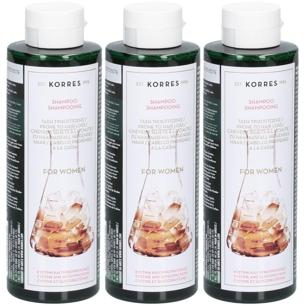 Trois bouteilles de shampoing Korres pour femmes contre la chute des cheveux. Contient cystine et glycoprotéines.