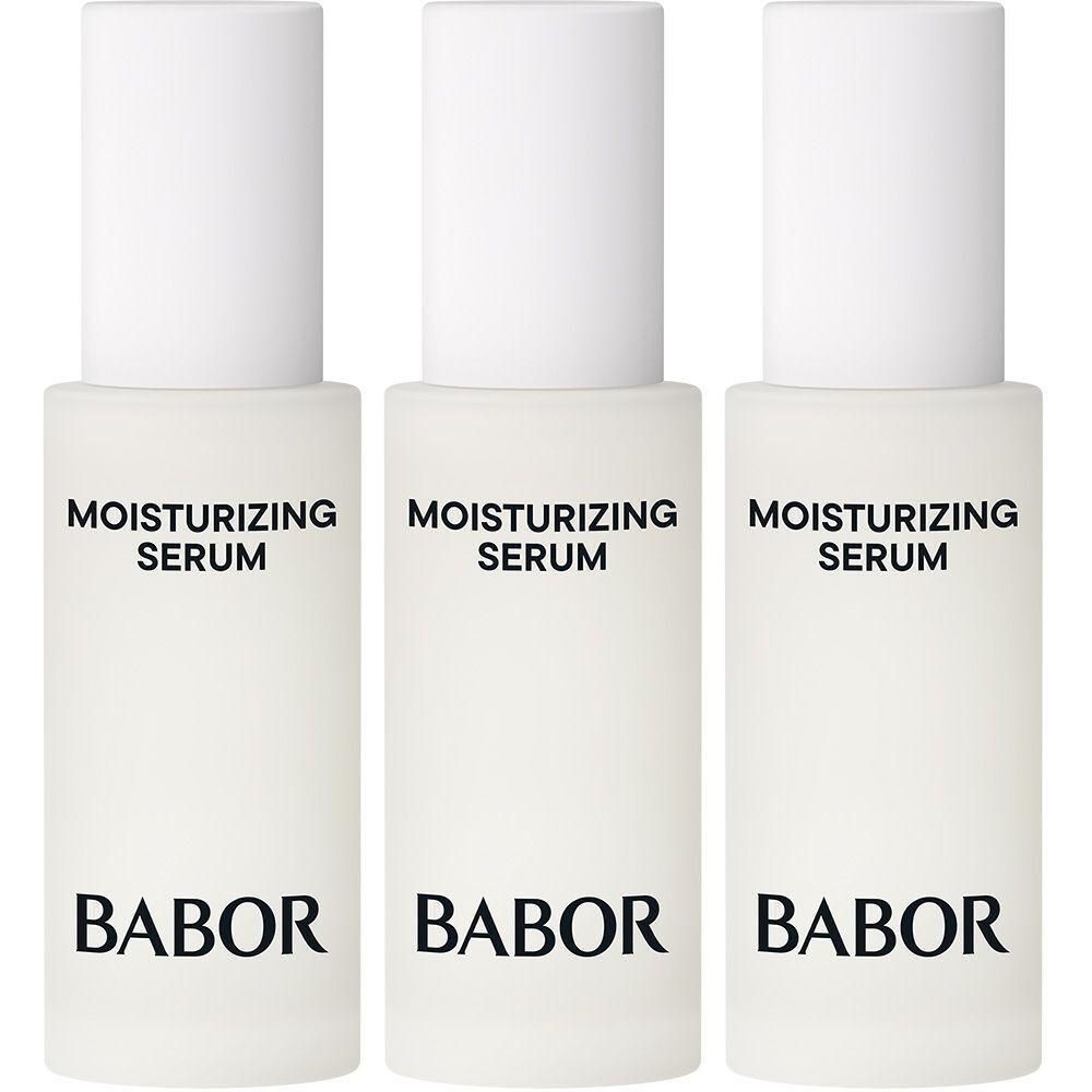 Drie Babor Moisturizing Serum flesjes naast elkaar.