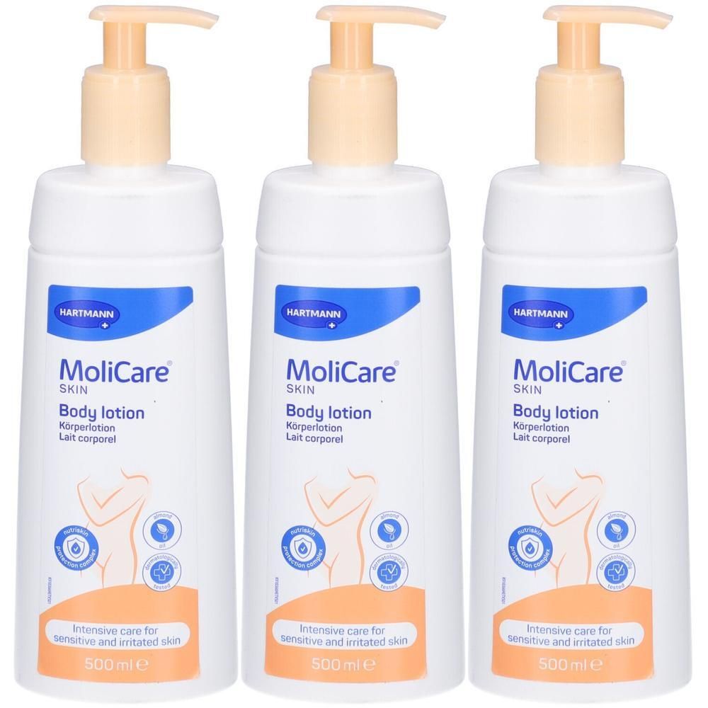 Drie flessen HARTMANN MoliCare Skin Body Lotion met pompdosering. 500 ml.