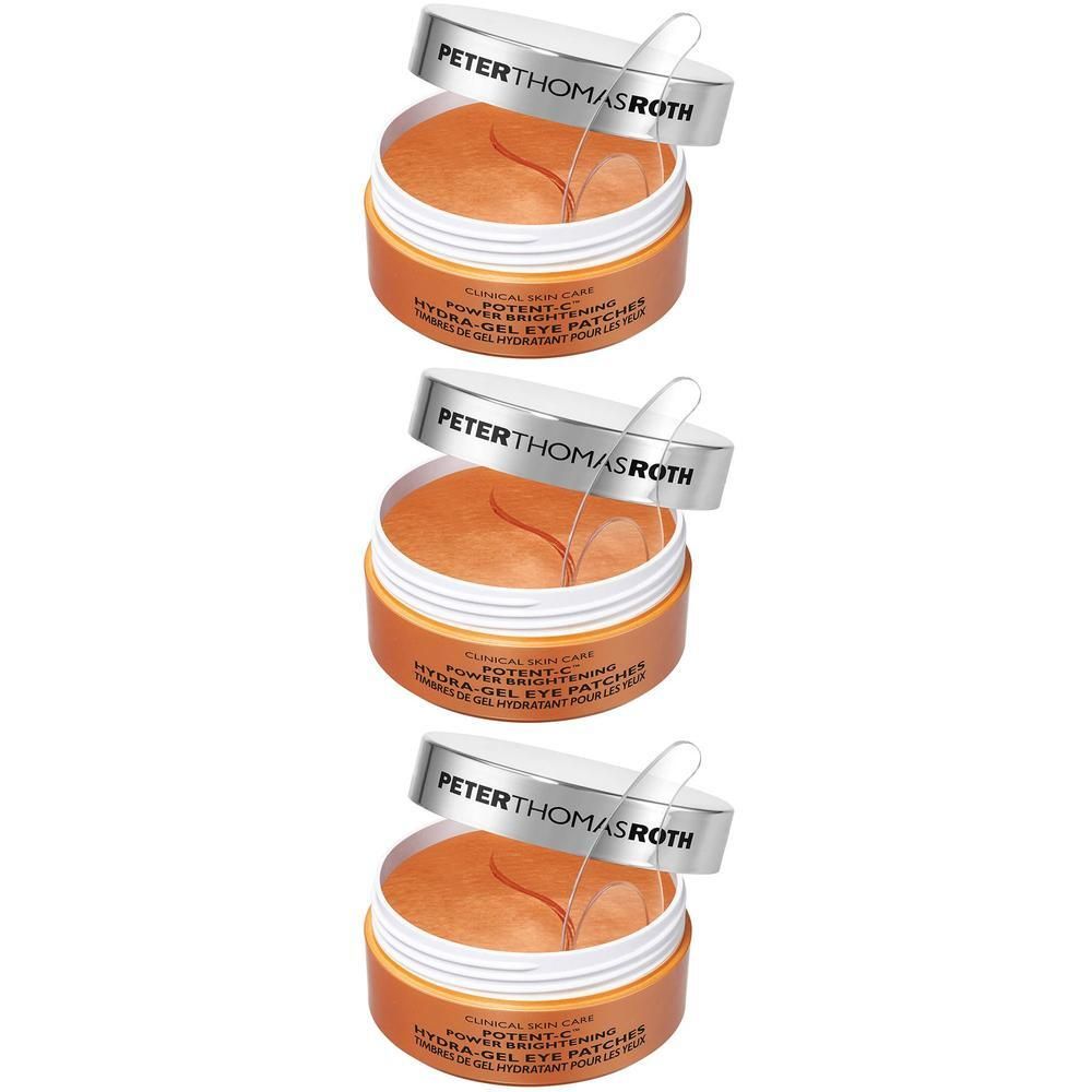 Trois pots ouverts de patchs oculaires Peter Thomas Roth Potent-C, chacun avec une spatule transparente.