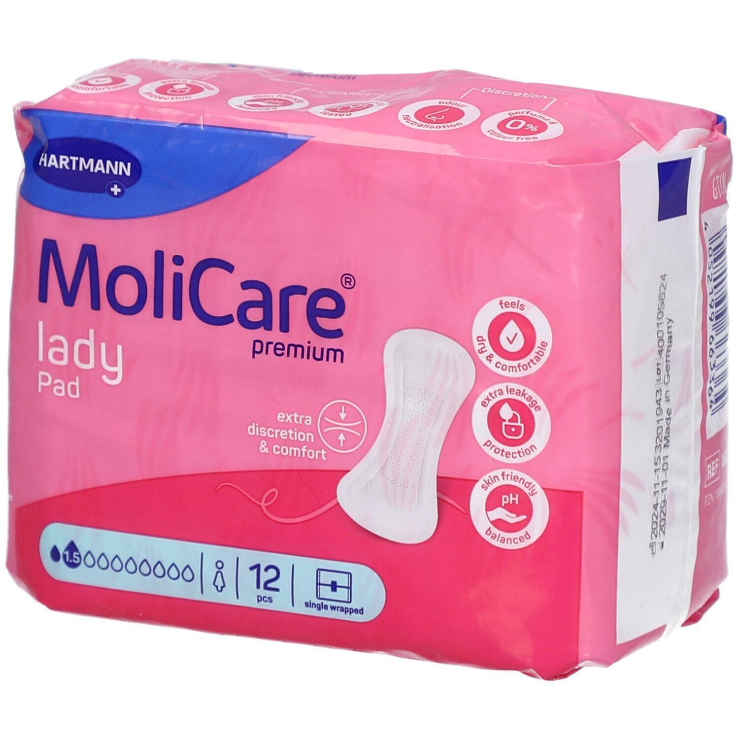 Verpakking MoliCare Lady Pad, 12 individueel verpakte inlegkruisjes.