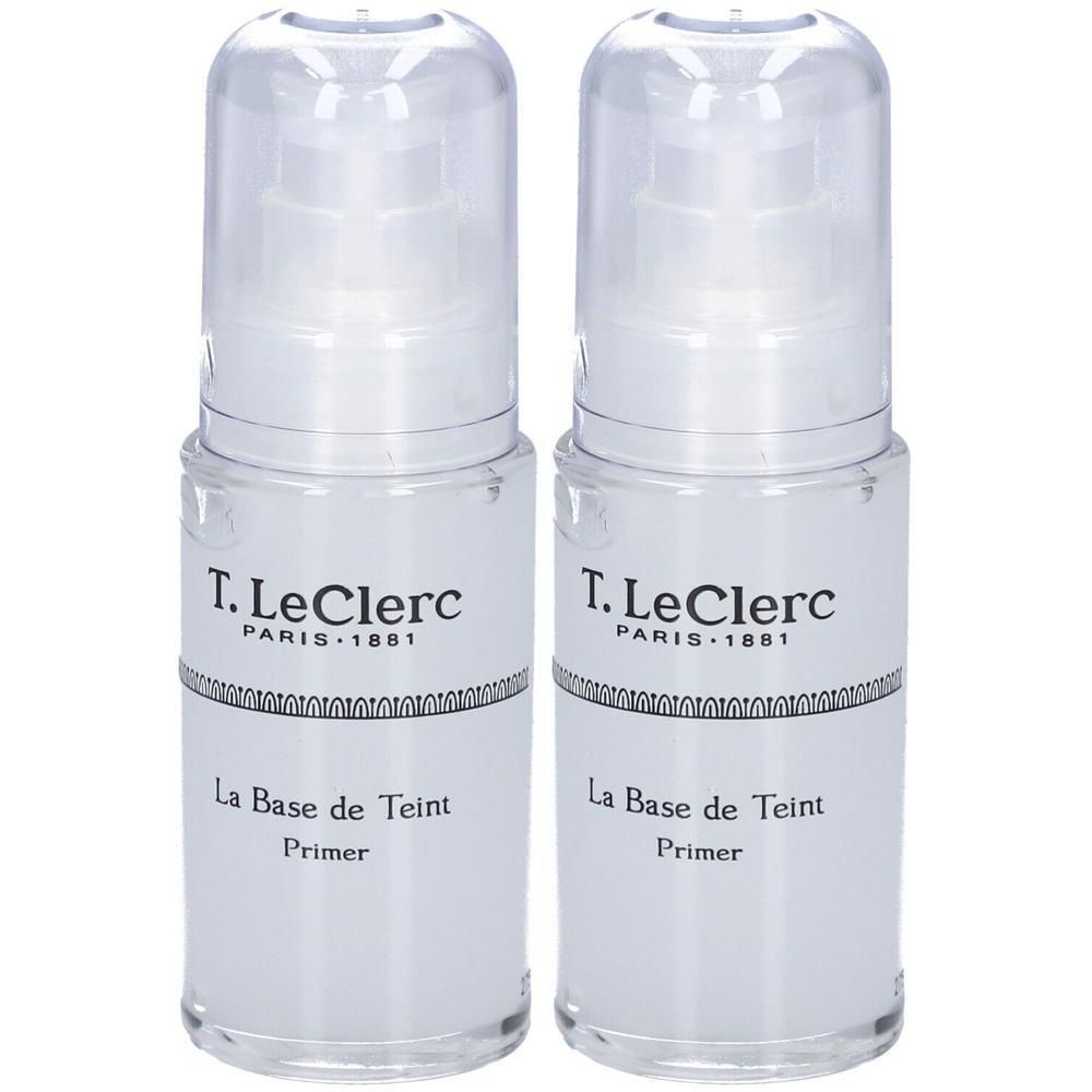 Deux flacons T. LeClerc La Base de Teint Primer avec distributeurs à pompe et capuchons transparents.